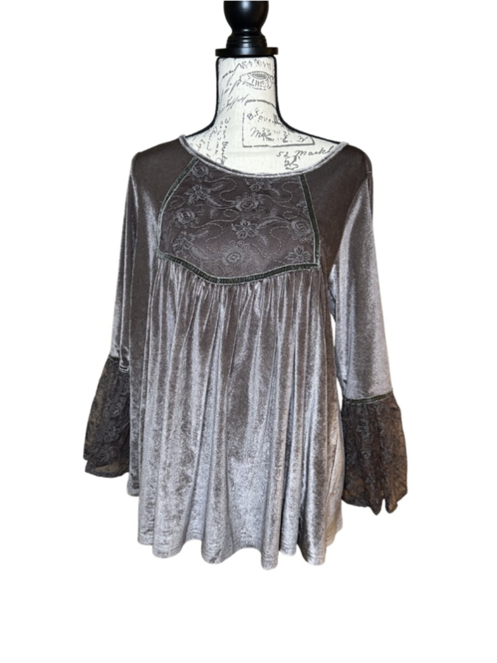 POL Sz Sm Boho Silver Crushed Velvet Blouse w Bell Sleeves & Lace Boho tunic top